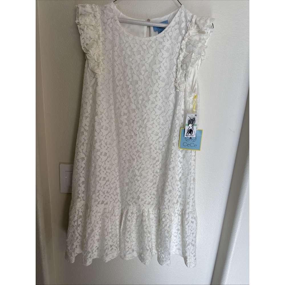 NWT CeCe Dress Women's 8 White Lace Ruffle Sleeve Shift Party MSRP $99‎